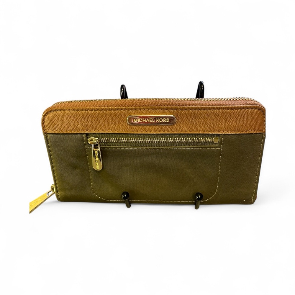 Michael Kors Green and Brown Wallet zip around logo 4 H X 8 L “